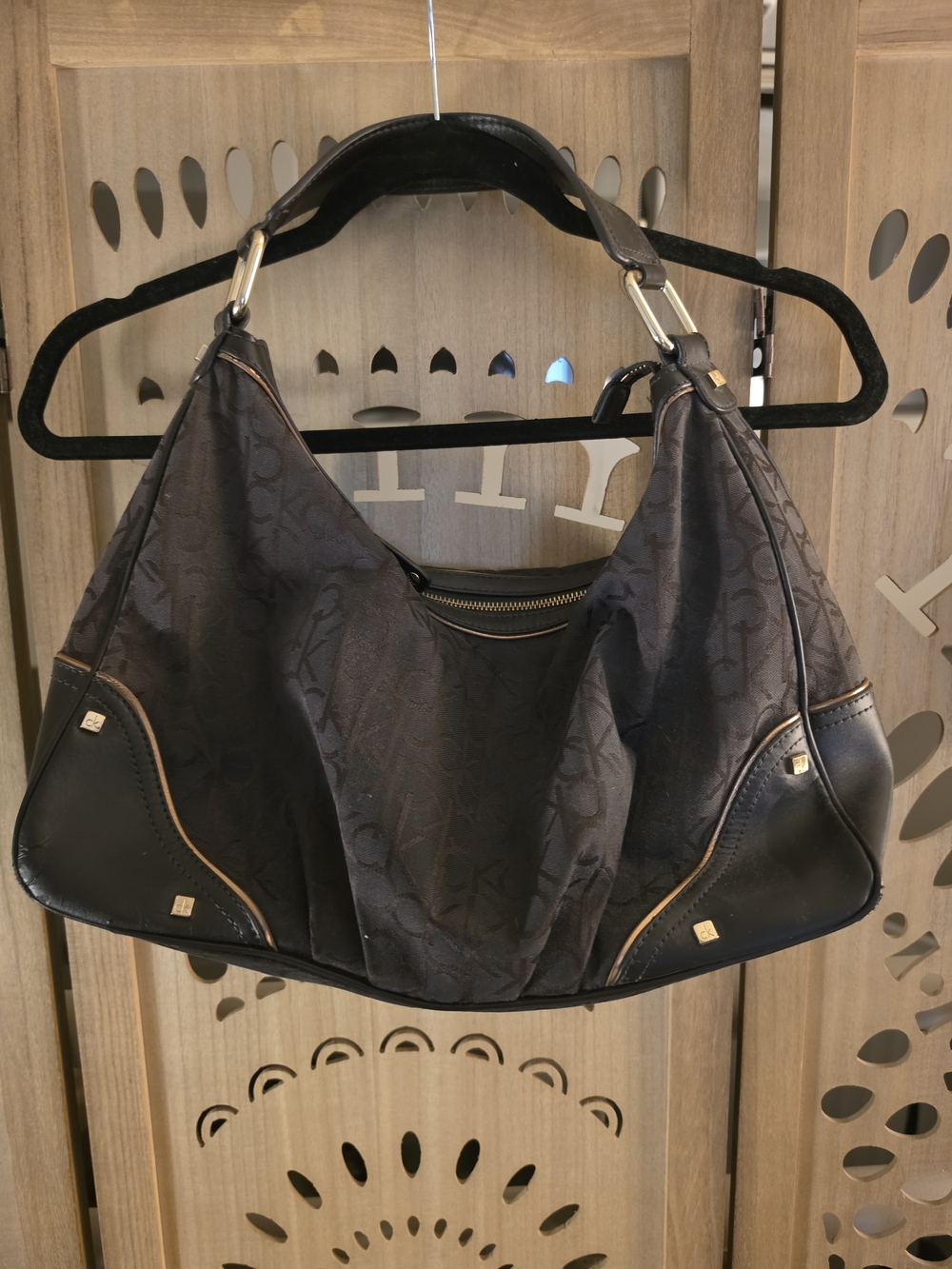 Calvin Klein Chocolate Brown Monogram Hobo Shoulder Bag with Bronze Trim
